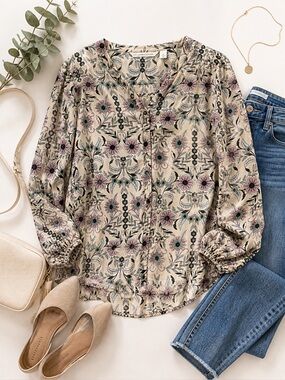 LC Lauren Conrad Hi Low Floral Blouse Size Large Boho Romantic Top